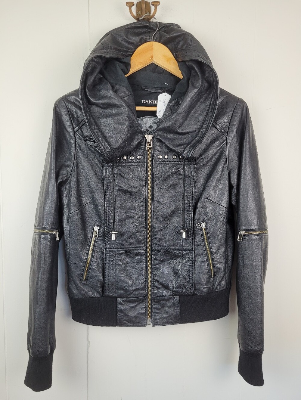 Danier Small Black Genuine Leather Hooded Moto Jacket